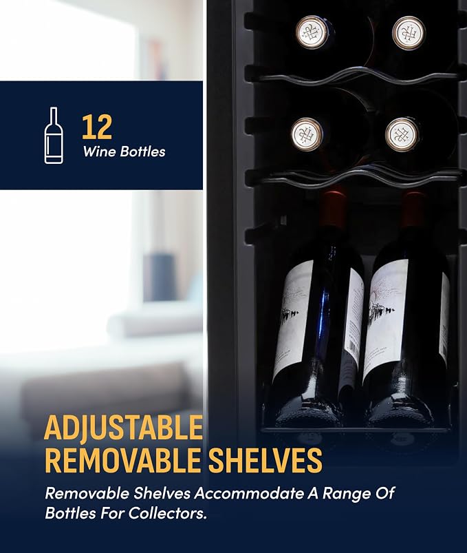 NewAir 10" Wine Fridge for 12 Bottles | Freestanding Wine Cooler Refrigerator with Glass Door | Compact Countertop Storage with Precision Cooling & Quiet Operation | Black
