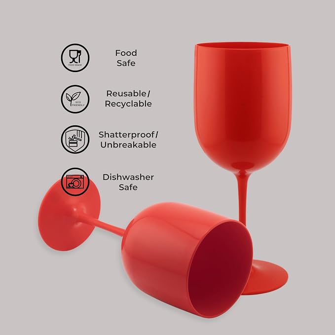 FOX & GRAPES Plastic Stemmed Wine Glasses | Unbreakable/Shatterproof, Reusable, Food Safe, Dishwasher Safe, For Birthday and Party, 16oz (Red, Set of 6)