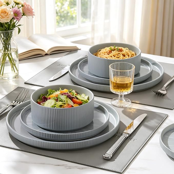 Dinnerware Sets, Ceramic Plates and Bowls Set 12 Piece Dinnerware for 4 Chip Resistant Stoneware with Advanced Inkjet Printing Technology, Dishwasher and Microwave Safe-Smoky Blue