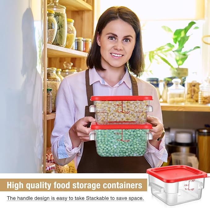 Suclain 2 Pcs Square Food Storage Container Polycarbonate Clear Food Container with Lid Commercial Rice Storage with Graduations for Commercial Kitchen(2 Qt,Red)
