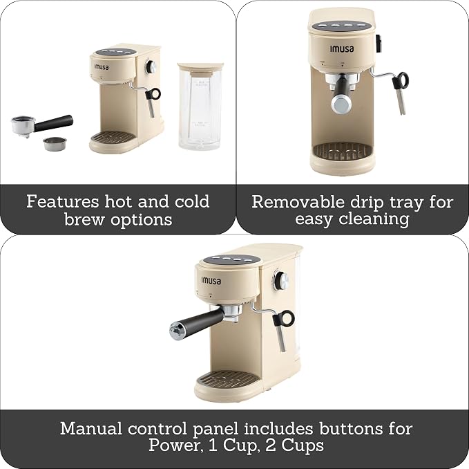 IMUSA 20 Bar Espresso Machine with Milk Frother, Compact 1-2 Cup Espresso & Cappuccino Maker, Thermoblock Fast Heating Coffee Machine, Hot & Iced Latte, Macchiato & Mocha Maker, Matte Almond
