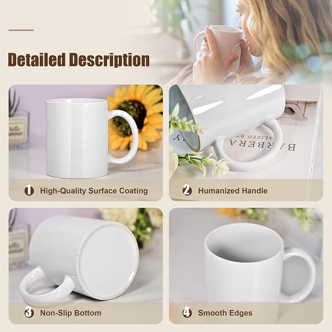 AGH 16pcs 11 oz Sublimation Mugs Blanks, White Coffee Ceramic Mugs Bulk, Plain Mug Cups for Sublimation with Bamboo Lids and Stainless Steel Spoon For Coffee, Soup, Tea, Milk, Latte