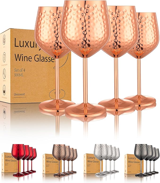 UNISWEET Stainless Steel Wine Glasses Set of 4 Unbreakable (Rose Gold) | 17 oz Large-capacity Hammered Goblets, Lightweight & Reusable, Good for Outdoor, Camping, Pool Travel, Gift for Wine Lovers