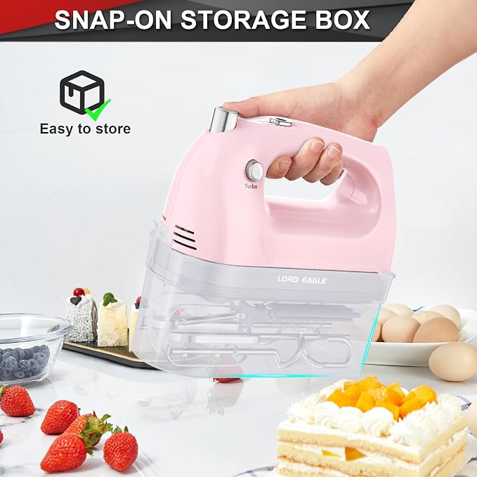 Lord Eagle Hand Mixer Electric Handheld 400W, 5-Speed Lightweight Kitchen Mixer with Storage Case, 5 Stainless Steel Attachments for Baking Cake Egg Cream Food Beater, Turbo+Eject Button, Pink