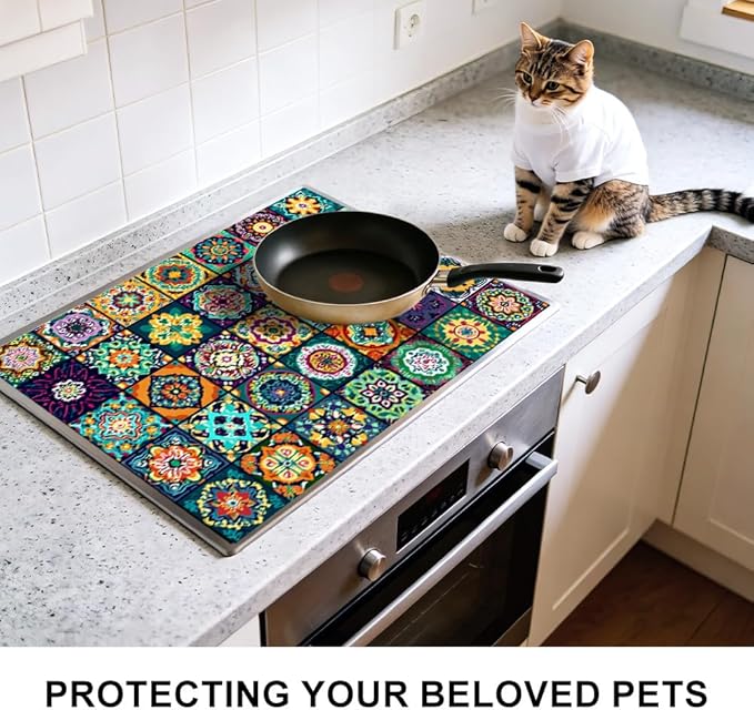 Stove Top Cover for Electric Stove 28.35 x 20.47 Inch Non Slip Stove Mat Colorful Mosaic Tile Glass Cooktop Protector Kitchen Counter Mat