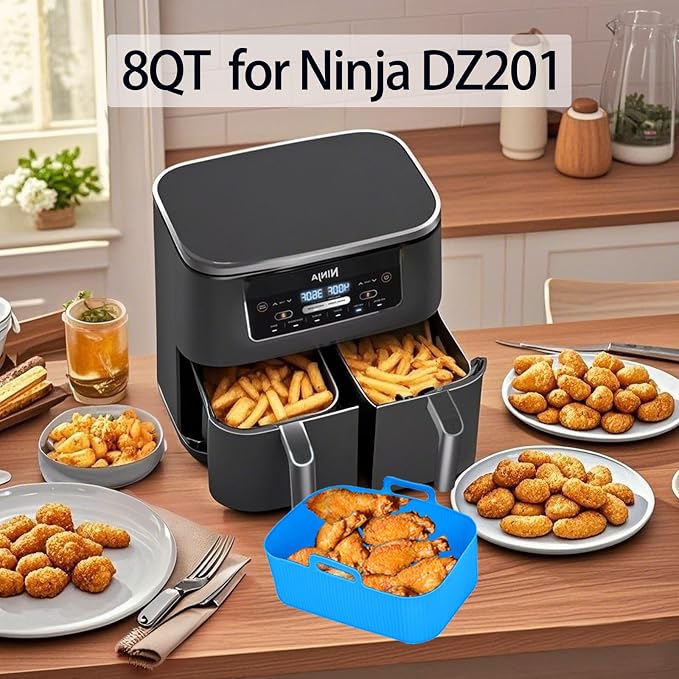Silicone Air Fryer Liners for Ninja - Reusable 8 Qt Bowl for Foodi DZ201 Dual Basket Airfryer - Rectangular 2-pack 2025 Upgraded Food Safe Silicone Baking Tray Pink (BLUE & BLACK)