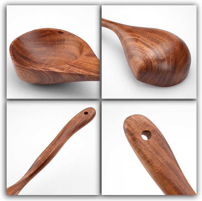 Wooden Ladle Spoon Set, 3 Size Teak Large Soup Ladel Wood Spoons for Cooking Serving Spoon Ladles Wooden Cooking Spoon Long Handle Mixing Spoon Ladle