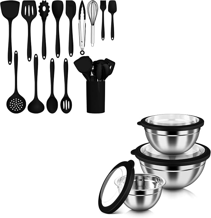HaWare 20PCS Kitchen Gadgets Set, 14PCS Silicone Kitchen Cooking Utensils Set and 6PCS Mixing Bowls with Airtight Clear Lids (Size 4.6, 3, 1.5QT), Black
