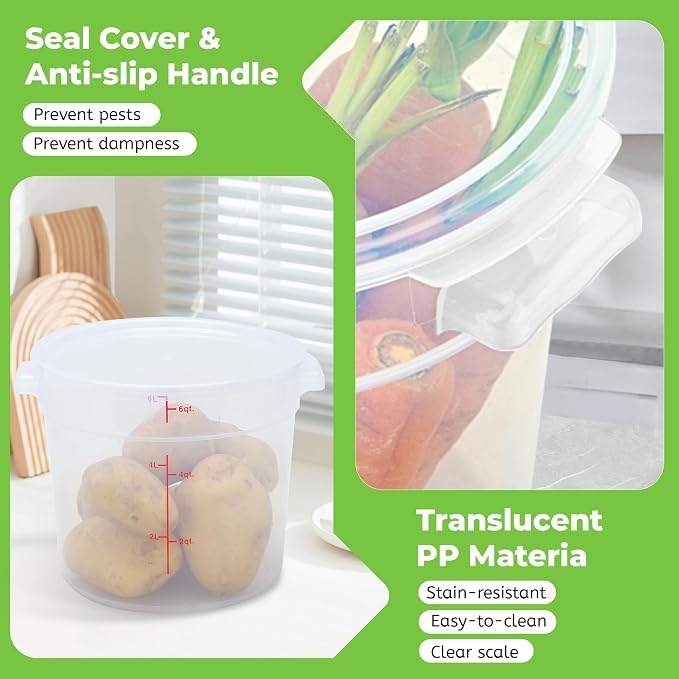 BIEAMA 4 Pack 6 Qt Round Food Storage Containers with Lids, Translucent PP | Include lids, labels, measuring cups and containers with capacity markings for food prep, pantry storage and dough proofing.