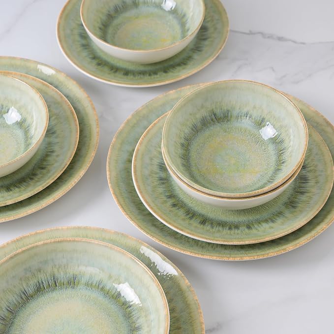 DOMICREVERY Ceramic Dinnerware Sets for 4, 12 Pieces Plates and Bowls Sets, Moss Green