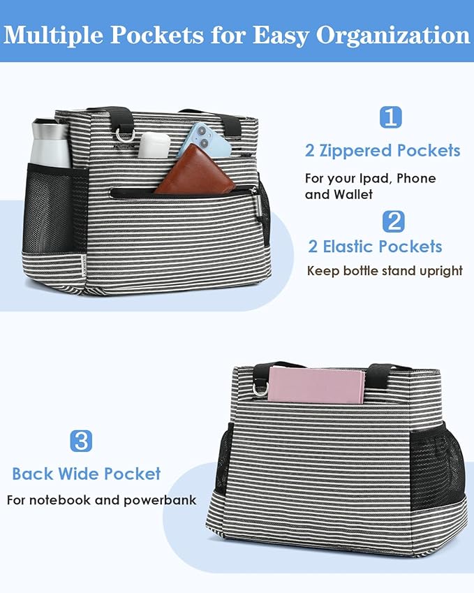 GLENKEY Insulated Lunch Box Lunch Bag Tote - Large Leakproof Cooler Bags for Women - Soft Lunchbox for Adults Work Shift Picnic Travel Stripe 10L