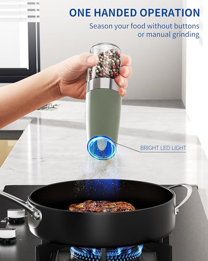 CIRCLE JOY Gravity Electric Salt and Pepper Grinder Set Automatic Salt and Pepper Grinder Set with LED Light, Battery Operated, Adjustable Coarseness, Large Capacity, for Home Kitchen BBQ, Green