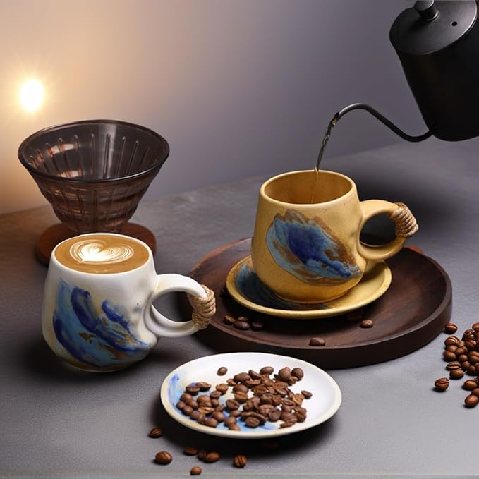 Little handmade ceramic pottery tea cup with saucer, espresso cup | 8 oz stoneware demitasse cup for lungo,cortado,Matcha, Americano
