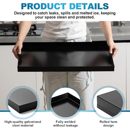 Wesiti 1 Pcs Ice Maker Drain Pan 24" x 15" x 1.5" Water Damage Prevention Galvanized Steel Welded Ice Maker Drain Pan, Leak-Proof Corrosion-Resistant, for Household and Commercial (Black)