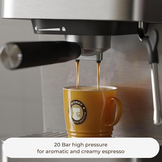 Espresso Machine with Temperature Display, 20 Bar Stainless Steel Espresso Maker with Milk Frother, Small Cappuccino & Latte Machine with 50oz Removable Water Tank for Home, Silver