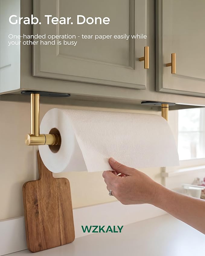 Paper Towel Holder Under Cabinet, Self Adhesive or Wall Mount for Kitchen Bathroom, Stainless Steel Paper Towel Holders with Damping Effect, Single Hand Operable (Black&Gold)