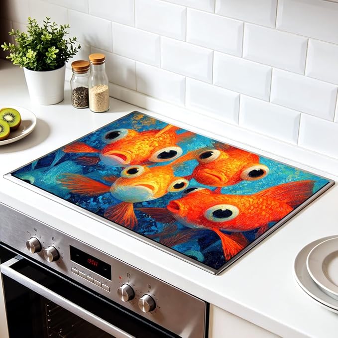 Stove Top Cover for Electric Stove 28.4 x 20.5 Inch Non Slip Stove Mat Goldfish Glass Cooktop Protector Kitchen Counter Mat