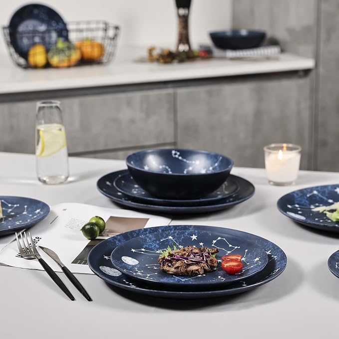 12 Piece Melamine Dinnerware Sets for 4 - Starry Pattern Camping Dishes Set for Indoor and Outdoor Use, Dishwasher Safe Plates and Bowls Sets, Dark Blue | Plates and Bowls Set Service for 4,Camping Dishes Set for Indoor Dining, Picnics, and Entertainin...