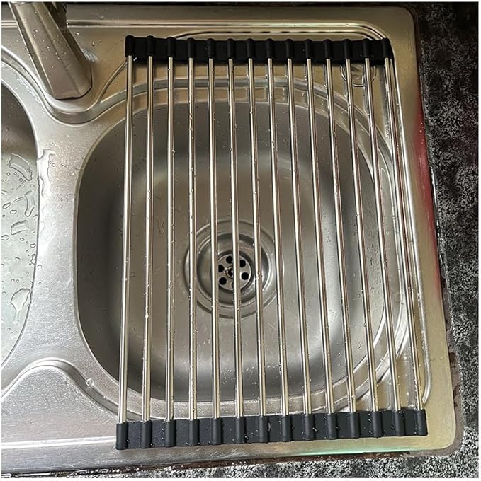 14.6/18.5 in Long Collapsible Over Sink Roll Up Dish Drying Rack for Kitchen Sink, Foldable Stainless Steel & Silicone Dish Drainer(Black,47x11.3cm/18.5x4.4in)