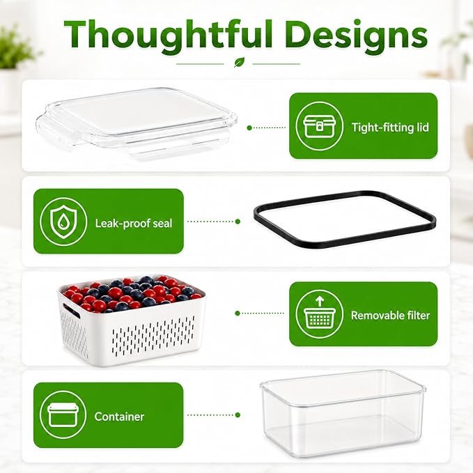 UFORU 4 Pack Fruit Storage Containers for Fridge, Produce Containers with Removable Colander, Airtight Stackable Storage Containers, Reusable Refrigerator Organizer Bins for Berries, Lettuce