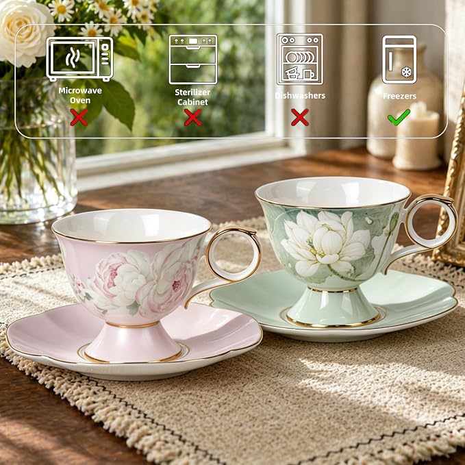 KAMMAK Ceramic Coffee Cups Saucers Set of 2, Porcelain Espresso Cup with Saucer, 8.12 oz Handmade Elegant Bone China Tea Cups, Ceramic Floral Pattern Demitasse Cup for Latte, Americano, Cappuccino