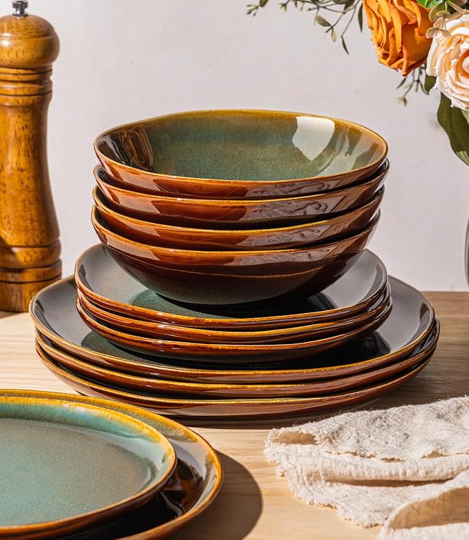 GBHOME Stoneware Dinnerware Sets for 4, 12 Pieces Rustic Earthenware Plates and Bowls Set, Handmade Reactive Glaze Ceramic Plate Sets, Chip Resistant Dishes, Microwave & Dishwasher Safe, Green Brown