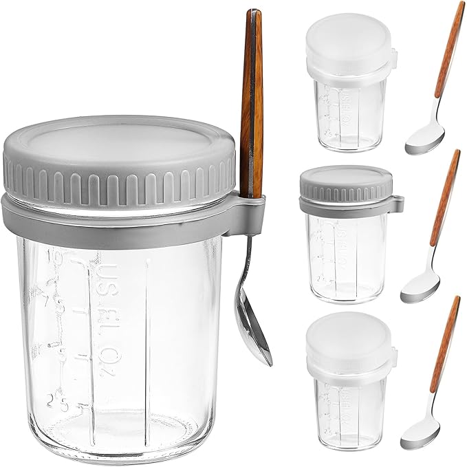 Gatuida 4pcs Overnight Oats Glass Jars with Lids and Spoons 350ml Airtight Yogurt Cereal Cups for Meal Prep and Portable Food Storage in Gray and White