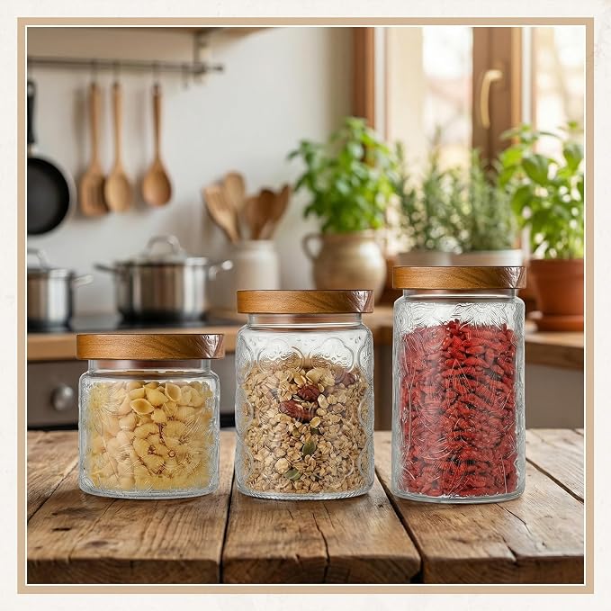 FillTouch 6 Pcs Vintage Glass Jar with Wooden Lid 17/24/34 oz Glass Airtight Food Storage Container with Lid Jar Begonia Sunflower Pattern for Kitchen Sugar Coffee Tea Beans Candy Cookie