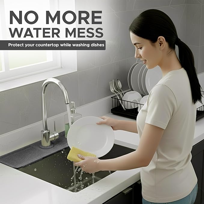 24 Inch Longer Faucet Mat for Kitchen Sink| 5° Slope Fast Self-Draining Sink Splash Guard | Multipurpose Faucet Mat Foldable Durable No Smell | Cut-to-Fit Opening Up to 2.6in | Dark Grey