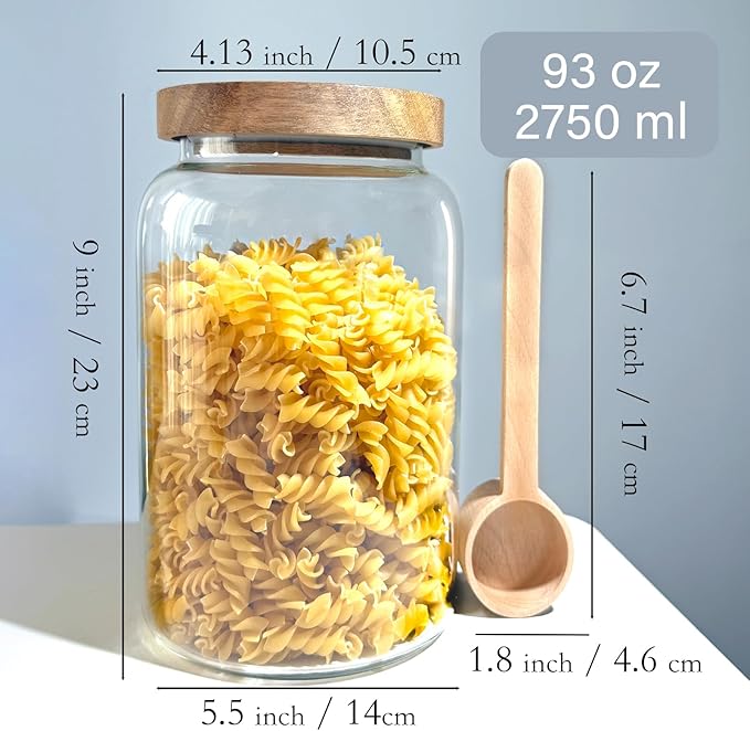 yutrenn Glass Food Storage Jars with Wooden Lids, Flour Glass Jar with 2 Wood Measuring Spoon, Clear Thick Glass Jar Kitchen Containers for Rice, Oats, Grains, 120 Pcs Food Labels (93 Oz, 2750ml)