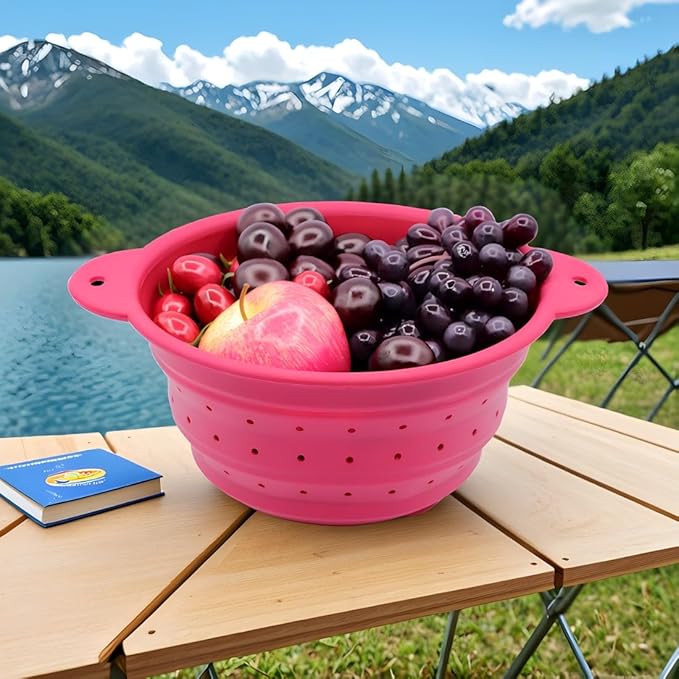 Collapsible Silicone Colander Bowl Set,BPA Free, Heat Resistant, Stainless Steel Nesting, Portable Washing Basket Strainer Drain Basin for Pasta, Vegetable and fruit, Kitchen, Camping, Hiking