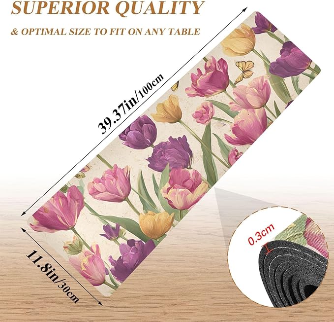 2 in 1 Table Runner Trivet for Hot Pots and Pans Heat Resistant Non Slip Waterproof 39 x 12 Inch Decorative Table Protector for Kitchen Countertop Vintage Beige Spring Tulips Butterflies