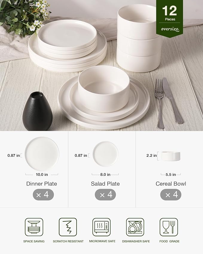 Famiware Porcelain Dinnerware Set, 12-Piece Modern Plate and Bowl Set, Dish Set for 4, Microwave and Dishwasher Safe Tableware, White