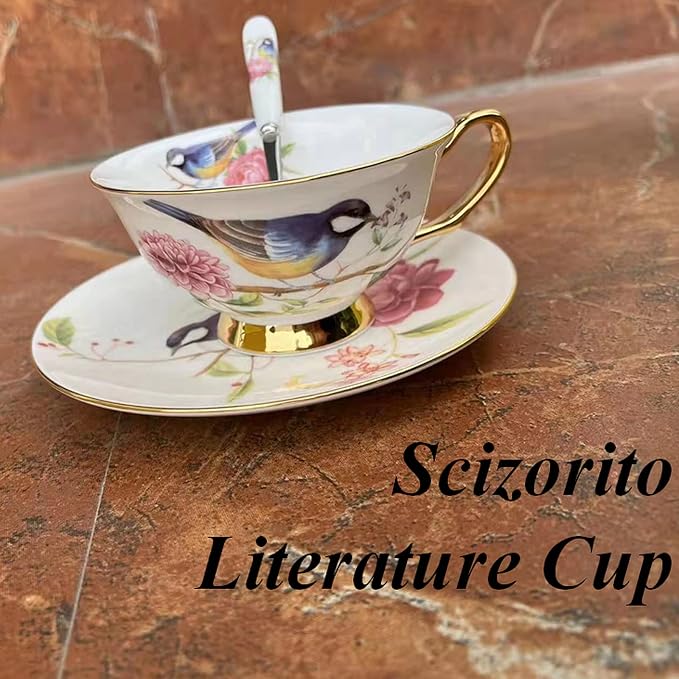 Honorable Coffee Cup Mug, Cappuccino, Tea Cup, with Saucer for Latte, Fine Bone Porcelain, Reactive Glaze, 6.8 Oz-1pcs (Vivid Bird)