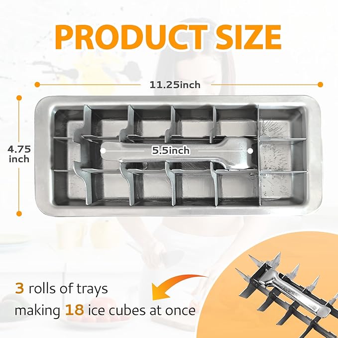 Stainless Steel Ice Cube Tray with 18 Slots, Metal Ice Cube Maker with Removable Trays, Easy Release Handle & Level, Dishwasher Safe for Bars, Kitchens & Frozen Foods