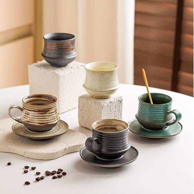210ml Ceramic Mug Saucer Set Home Wabi Sabi | retro, artisan, original design, minimalist, durable, latte, afternoon tea