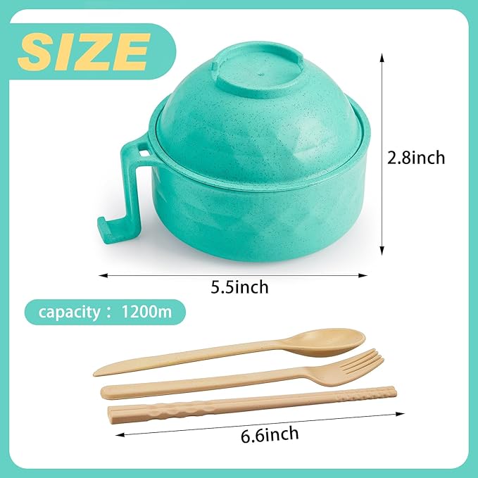 2 Sets Microwave Ramen Bowl 40 oz Wheat Fiber Portable Instant Noodle Cooker Bowl with Handles Strainer Spoon Chopstick Fork College Dorm Room Apartment Essentials(Blue Sky,Mint Green)