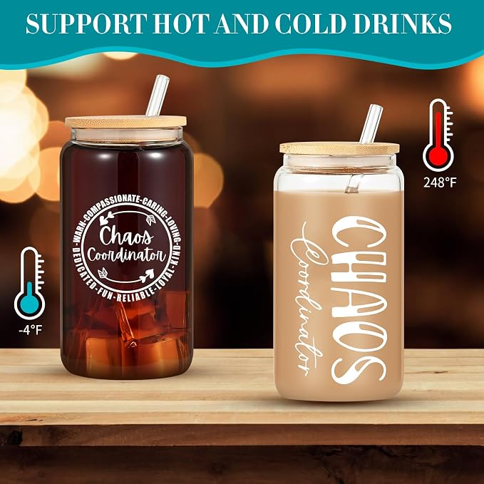 12 Set Employee Appreciation Gifts Bulk, Personalized Chaos Coordinator Gifts for Graduation Season Coworker 16 oz Can Shaped Beer Glass Cups, Gift Box and Card for Team, Party, Women, Men