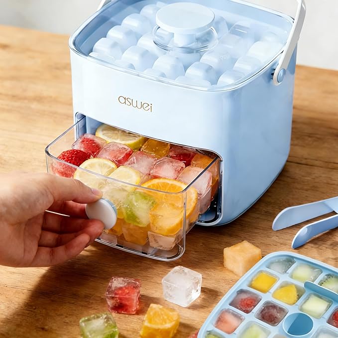Ice Cube Tray with Lid and Bin, Pack Stackable Ice Tray with Bin and Scoop, BPA-Free Plastic Ice Cube Trays for Freezer with Lid, Chilling Whiskey, Coffee, Cocktail (Blue)