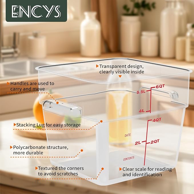 6 Quart Set of 4 Food Storage Containers,Food Containers with Lids and Handles,Square Commercial Food Containers for Kitchen, Restaurant，Refrigeration etc