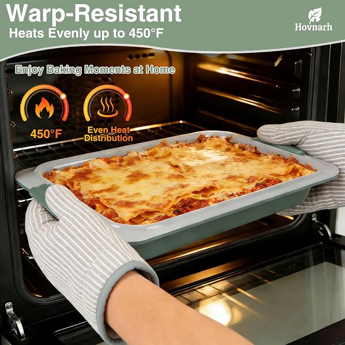 9x13 Baking Pan with Lid, Deep 13x9 Covered Cake Pan, Nonstick with Silicone Handles, Warp-Resistant Green Baking Pan for Storage, Transport, Potlucks & Meal Prep