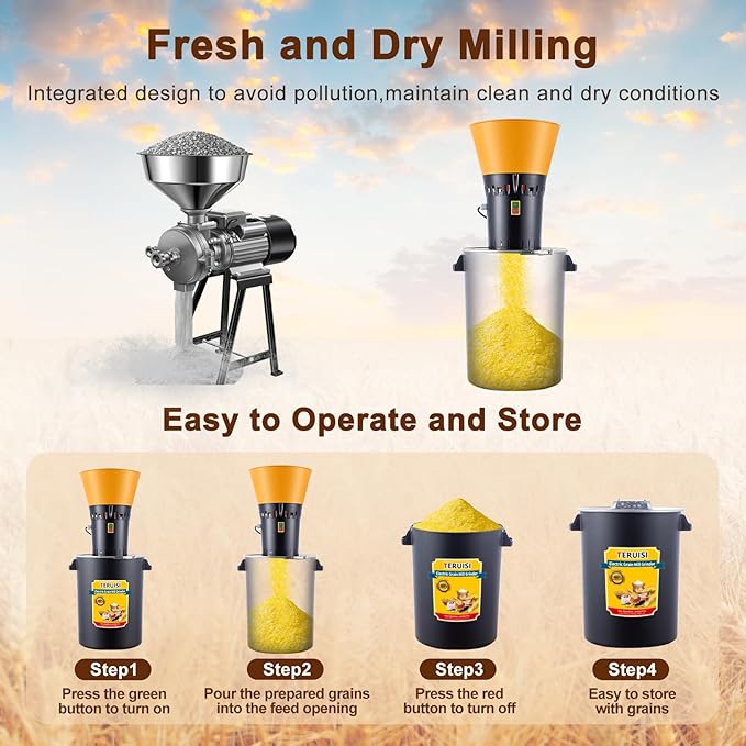 60L Grain Mill Grinder, 15.8 Gallons Electric Grain Mill Corn Grinder, 1500W Dust-Free Dry Cereals Grinders with Detachable Hopper & 6 Size Sieves for Farm Home Wheat Spice Rice Feed Flour