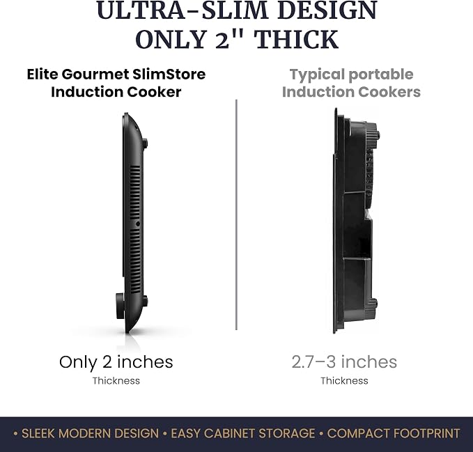 Elite Gourmet Slim Portable Induction Cooktop, 1500W Countertop Burner with 10 Power Levels & Temperature Control (140°F–465°F), Ultra-Slim 2" Design, Digital Touch Controls, Timer & Child Lock
