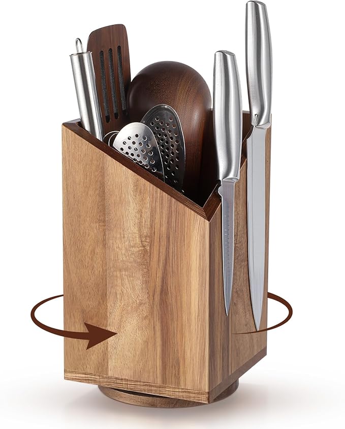 Magnetic Knife Block Without Knife Wood Utensil Holder 360° Rotatable Magnetic Knives Holder Organizer 9.65 x 5.5 Inches Universal Magnet Organizer Large Acacia Wood Kitchen Farmhouse Countertop Cook