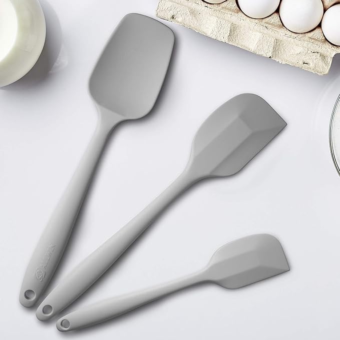Silicone Spatula 3‑Piece Set Heat Resistant 600°F Non‑Stick Rubber Spatulas with Stainless Steel Core ALLWIN HOUSEWARE Large Spatula, Spoonula & Mini Spatula for Cooking & Baking, Light Grey