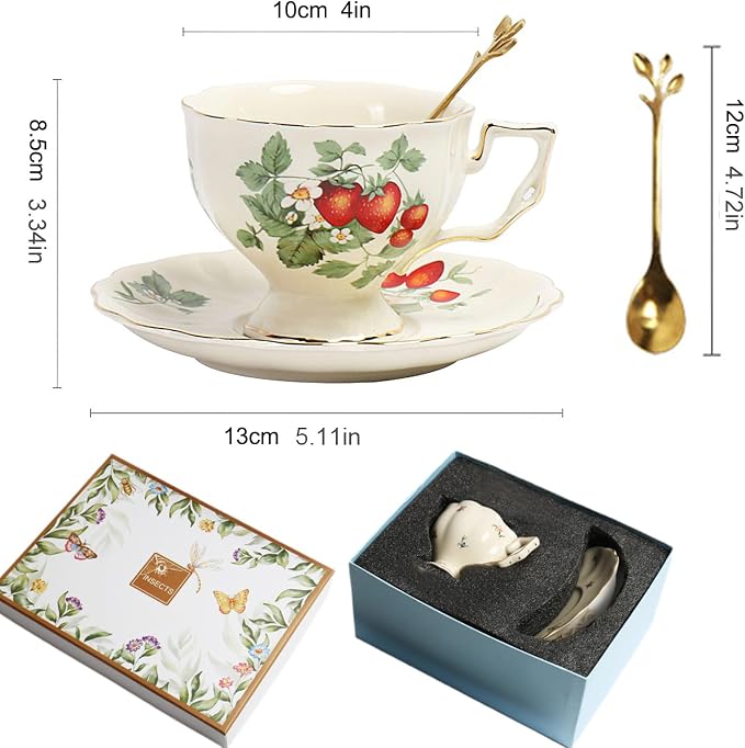 Porcelain Tea Cup and Saucer Set, 8.5 oz/250 ml Ceramic Coffee Mug with Saucer and Spoon, Vintage Coffee Cup with Gold Trim and Gift Box for Mom Women Mother's Day, Strawberry Pattern