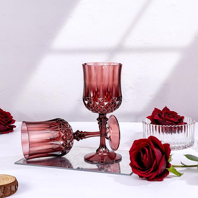 Ciaell 24PCS Burgundy Plastic Wine Glasses - 7 Oz Plastic Goblets for Party - Burgundy Vintage Drinking Glasses - Disposable Water Goblets Set for Wedding, Bar, Wine, Beer, Juice