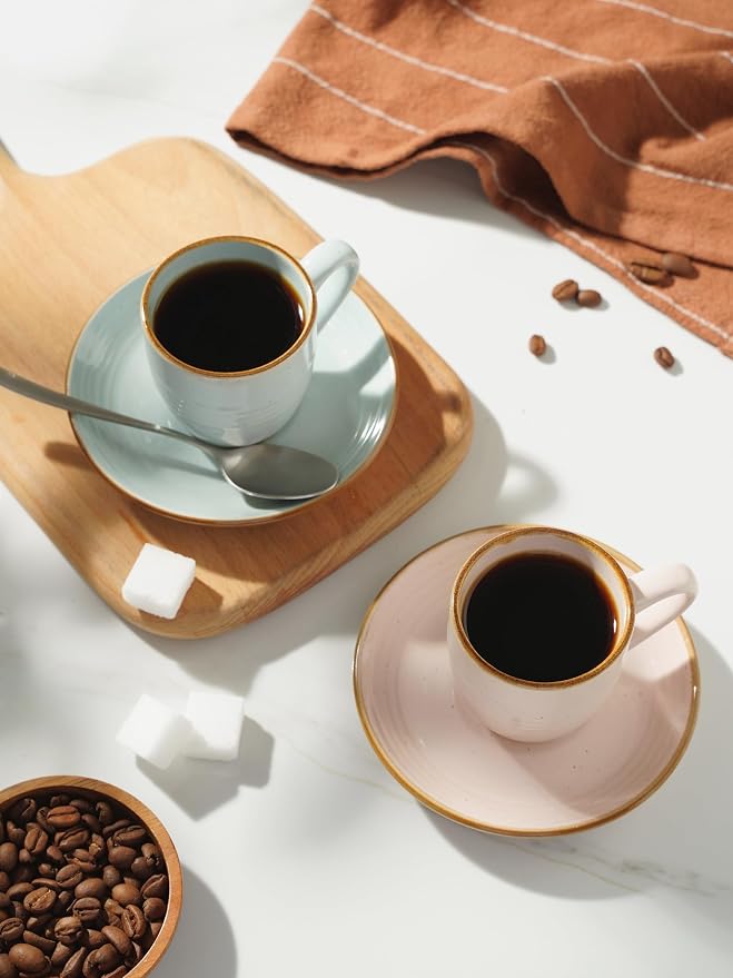 famiware Jupiter Espresso Cups and Saucers Set of 4, 3 oz Ceramic Small Coffee Mug with Handle, Spiral Stoneware Demitasse Cup for Tea, Latte, Cafe - Microwave & Dishwasher Safe, Multi-color