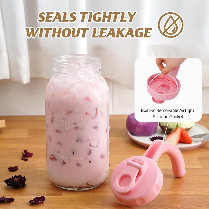 Soligt Glass Mason Jar Pitcher with Lid, Wide Mouth Flip Cap Pour Spout Leak-proof Lid with Handle, 64 oz (2 Quart / 1.9 Liter), for Iced Coffee/Sun Tea Juice/Cold Brew Coffee/Milk (1Pack, Taffy Pink)
