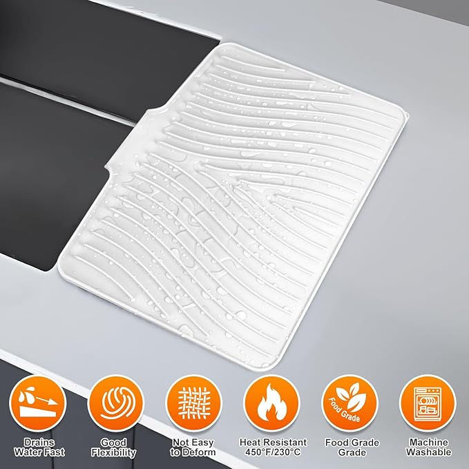 Silicone Dish Drying Mat for Kitchen Counter, Dish Drying Pad, Non-Slip Drain Pad with Built-in Drain, Heat Resistant Stone Drying Mat